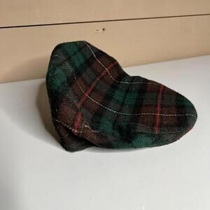 Totes Hat Cap Fitted Mens Medium Green Brown Plaid Wool Flat Ivy Winter Lined